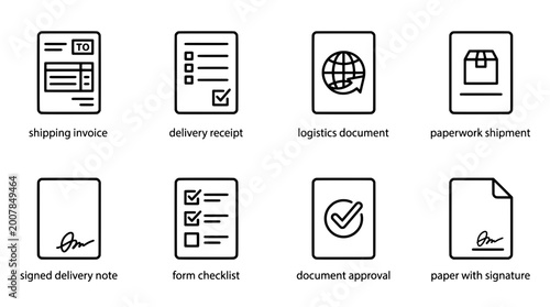 Outline icon set featuring documents receipts and shipment related symbols