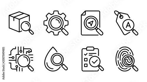 Outline icon set featuring magnifying glass over package gear document