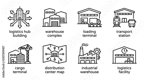 Outline icon set featuring logistics transportation and industrial buildings