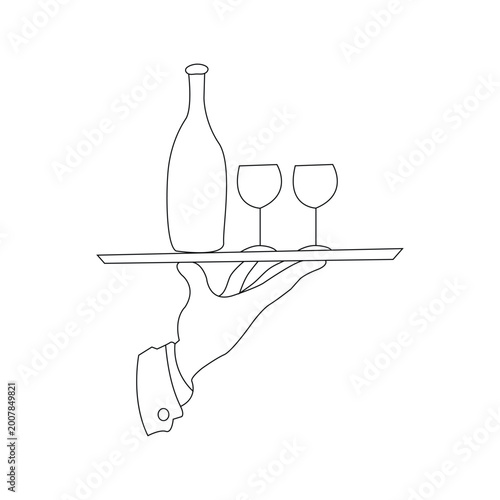 Bild auf Leinwand Waiter's hand holding a tray with a wine bottle and glass vector illustration