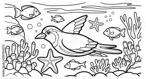 Quadro em tela Fish and bird swimming together underwater represent a whimsical coloring page scene featuring vibrant coral reefs and marine life designed for children to enjoy creative artistic expression at home