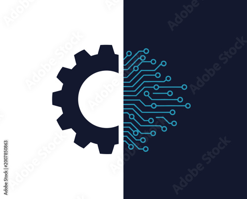 Half gear and half circuit board icon, abstract technology and engineering symbol, digital innovation, industrial automation concept.