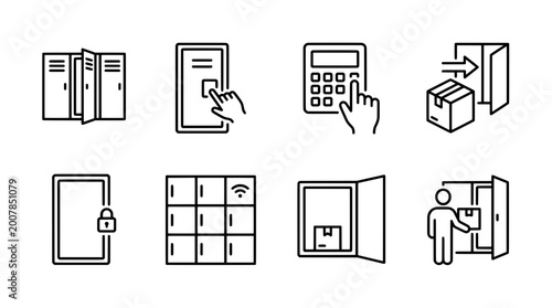 Outline icon set of lockers digital access and package delivery