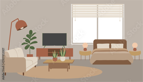 Cozy modern bedroom with flat screen tv, desk and bed setup