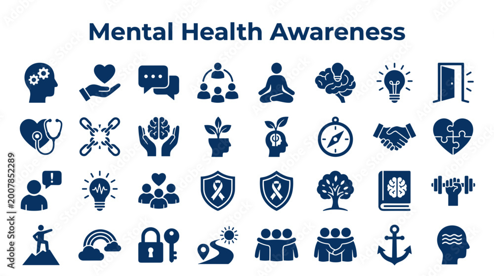 Fototapeta premium Mental Health Awareness Concept with Diverse Icons Representing Well-being, Support, and Growth