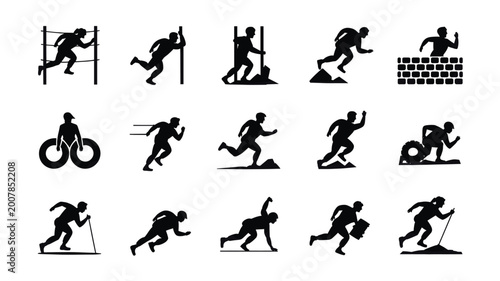Cuadro en lienzo Set of 15 Black Obstacle Race Runner Silhouettes Vector Icons