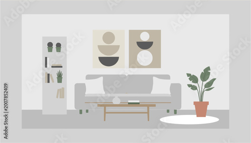 Valokuva Modern living room with gray sofa, coffee table, and indoor plant
