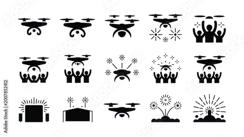 Fotografie Set of 15 Black Drone Technology and Celebration Vector Icons