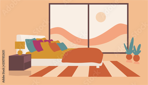 Fotografie Cozy bedroom with large window showing sunset over desert landscape and stylish