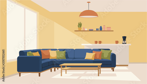 Foto Modern sectional sofa with colorful cushions in cozy living room interior
