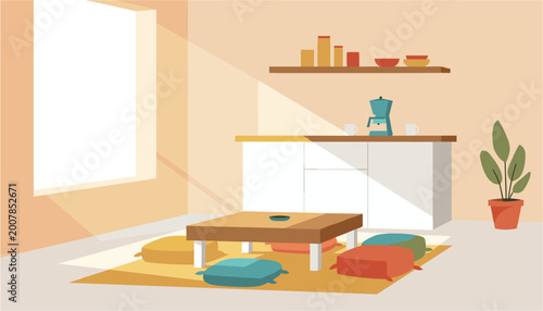 Photos Minimalist living room interior with coffee table and floor cushions