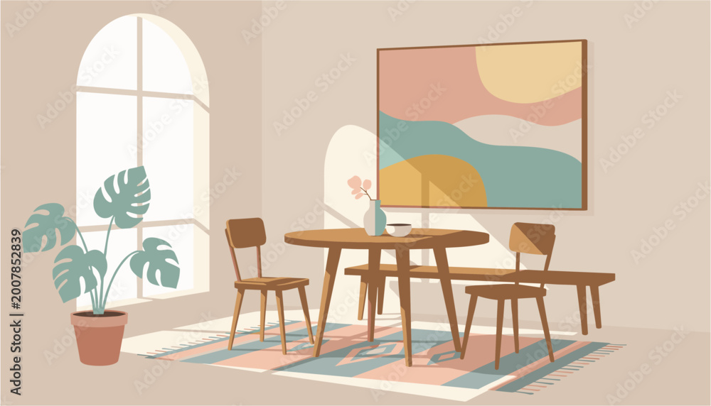 Obraz premium Modern classroom with wooden table, chairs, whiteboard and potted plant near large window