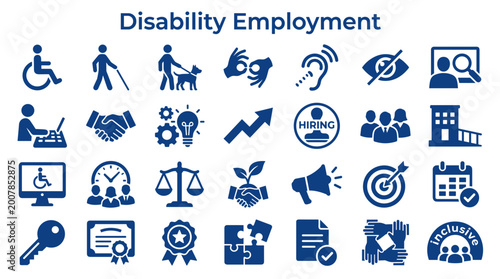 Disability employment concepts illustrated with icons representing inclusion accessibility hiring and workplace diversity with diverse team collaboration and success