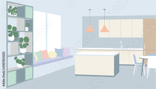 Tableau sur toile Modern kitchen interior with light wooden cabinetry and hanging pendant lights