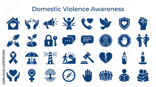 Quadro su tela Domestic Violence Awareness Icons Set Representing Support Protection Help and S