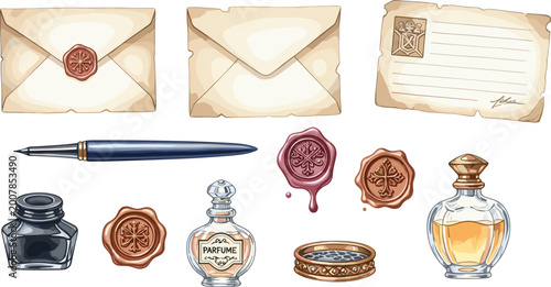 Tablou pe pânză Vintage Letter Writing Set Featuring Antique Envelopes, Wax Seals, Fountain Pen,