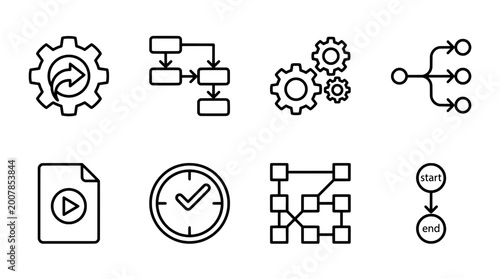 Set of outline icons depicting processes flowcharts and time management
