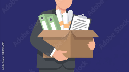 Employee leaving job carrying cardboard box with office belongings