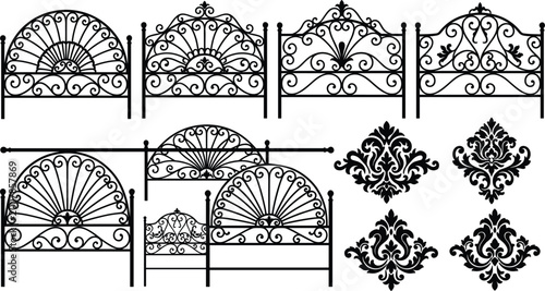 Cuadro en lienzo Vintage wrought iron headboard and damask ornament collection featuring ornate m