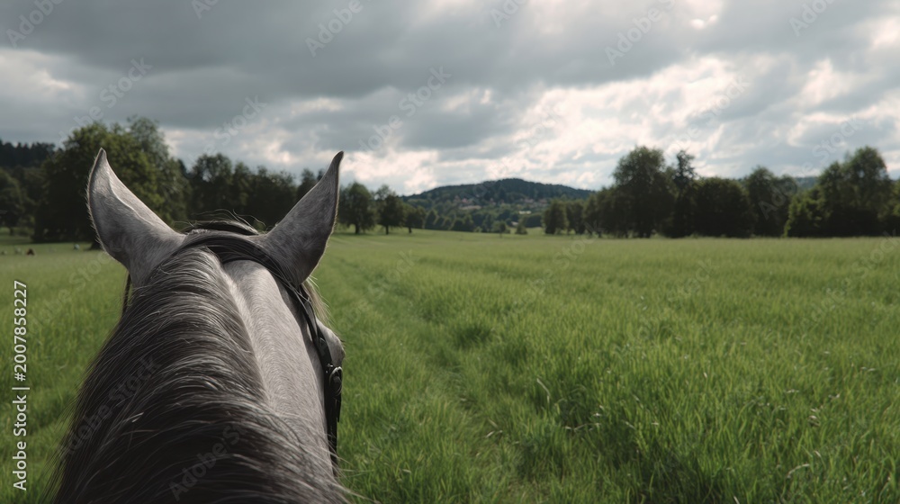 Fototapeta premium Riding a Horse Through a Grassy Field