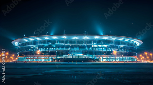 Professional architecture photography of modern football stadium exterior at night, glowing blue facade with floodlights and empty parking in dramatic long exposure photography.