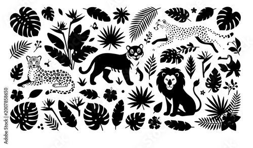Photography Wildlife animal vector set with tiger lion cheetah leopard and tropical leaves j