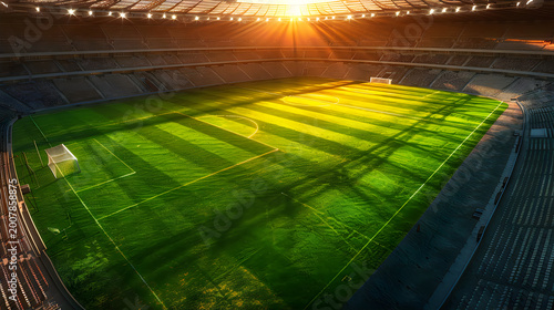Ultra-realistic 45 degree aerial perspective of a modern football stadium interior at golden sunset hour, warm orange light over green pitch and empty seats in bird eye view.
