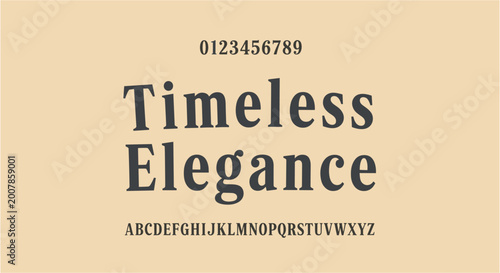 Timeless Elegance font showcase with alphabet and numbers on beige background