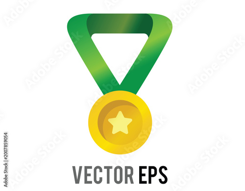 Golden medal with green ribbon and star symbol for achievement and success