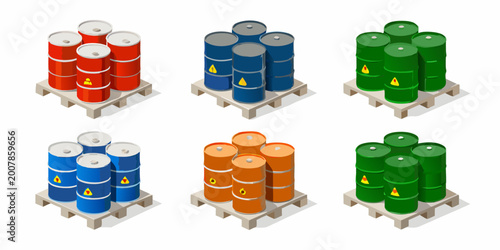 colorful oil drums on wooden pallets isometric illustration