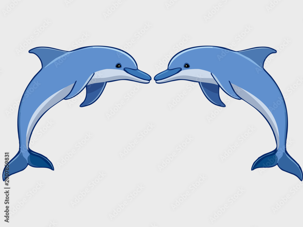 Obraz premium Two identical cartoon blue dolphins leap side by side on a plain light grey background.