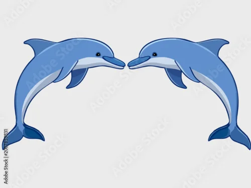 Fototapeta samoprzylepna Two identical cartoon blue dolphins leap side by side on a plain light grey background.