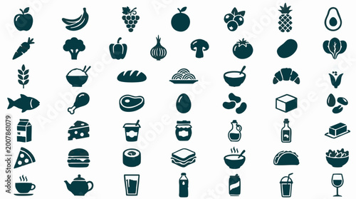 Collection of Food and Drink Icons for Healthy Eating and Diet