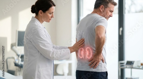 Human organ malfunction: kidney disease, medical consultation, patient discomfort, lumbar pain, doctor examine, health concern, body scan, urology check.