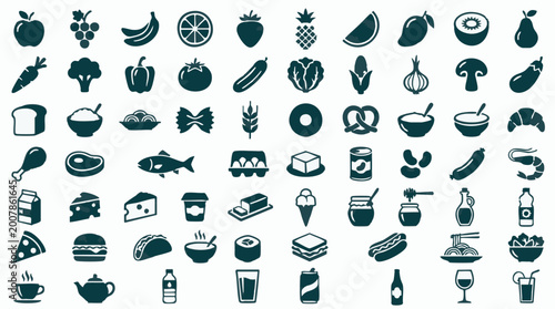 Large collection of diverse food and drink icons, vector illustration set
