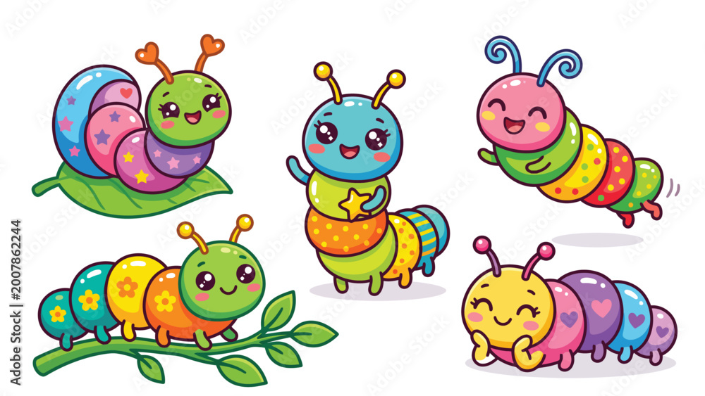Fototapeta premium Adorable cartoon caterpillars in various playful poses, set against a clean white background