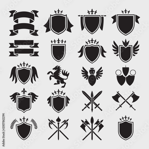 Heraldic Shield Crest Icons Set with Crowns Banners and Vintage Emblems Vector Collection