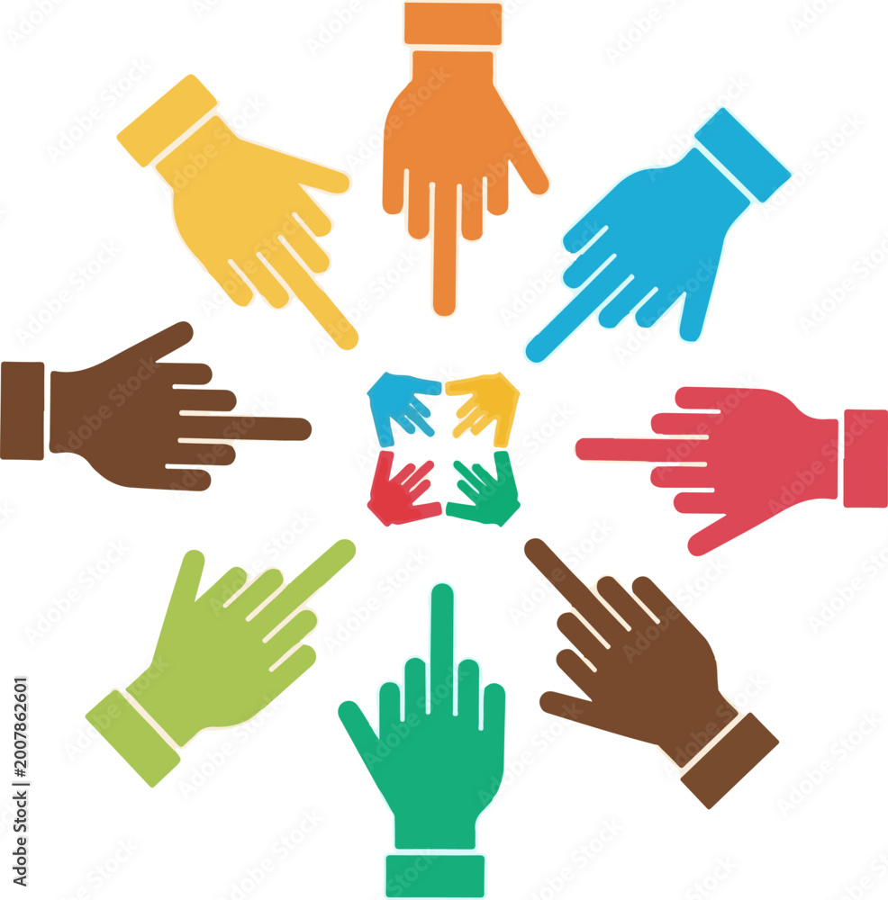Fototapeta premium Multiple colorful hands arranged in a circular formation pointing toward a tiny group of small connected hands representing unity together
