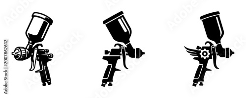 Set of professional paint spray gun icons, vector illustration of HVLP sprayers in minimalist black style.