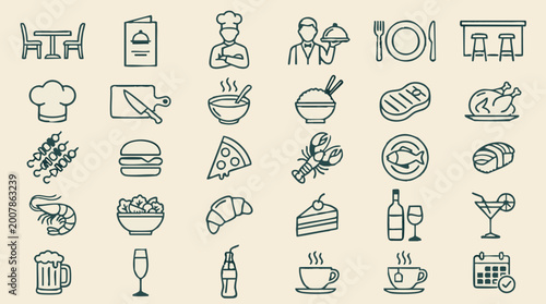 Restaurant food and drink outline icons set