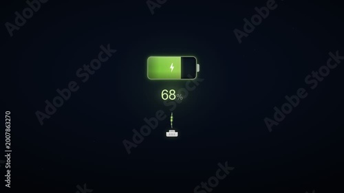 Battery Charging Animation on Dark Background, Low Battery to Power Connection Concept