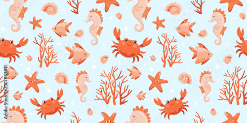 Photography Cute Underwater Pattern with Sea Animals, Crab, Starfish, Seahorse, Fish, Seashe