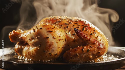 Delicious baked and roasted chicken legs with fresh rosemary in a pan served as a gourmet dinner dish