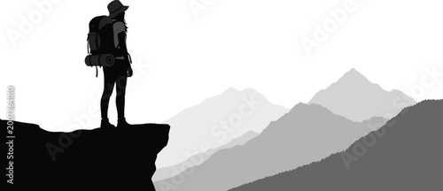 Картината върху платно Hiker silhouette overlooking mountains scenic landscape black and white