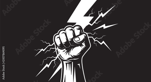Fotografie Black and white of a clenched fist gripping a lightning bolt also transparent ba