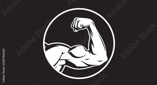 Fotografie White minimalist of flexing muscular arm on black background, also transparent b