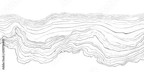 Flowing topographic contour lines forming wavy layers, minimalist black line art on white, abstract terrain pattern, clean and organic style. Abstract layered rock formation in horizontal bands.