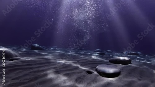 Underwater Bubbles Rising from Sandy Seabed with Light Rays, 3D Animation Background