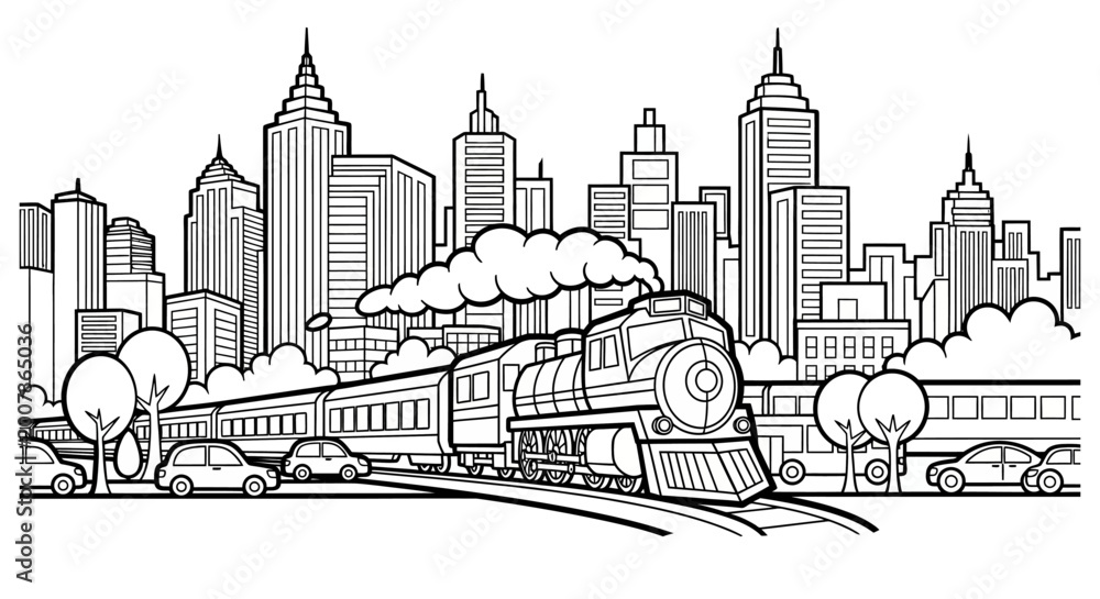 Fototapeta premium Train traveling along tracks in front of a busy metropolitan skyline with buildings and cars creates a detailed urban landscape illustration designed for coloring and creative educational projects.