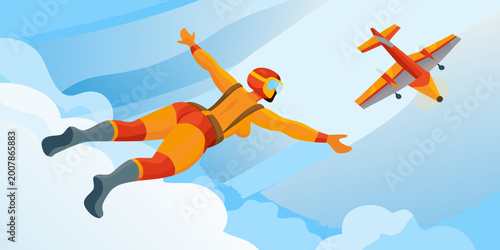 Photos Person in free fall with airplane vector illustration with clouds